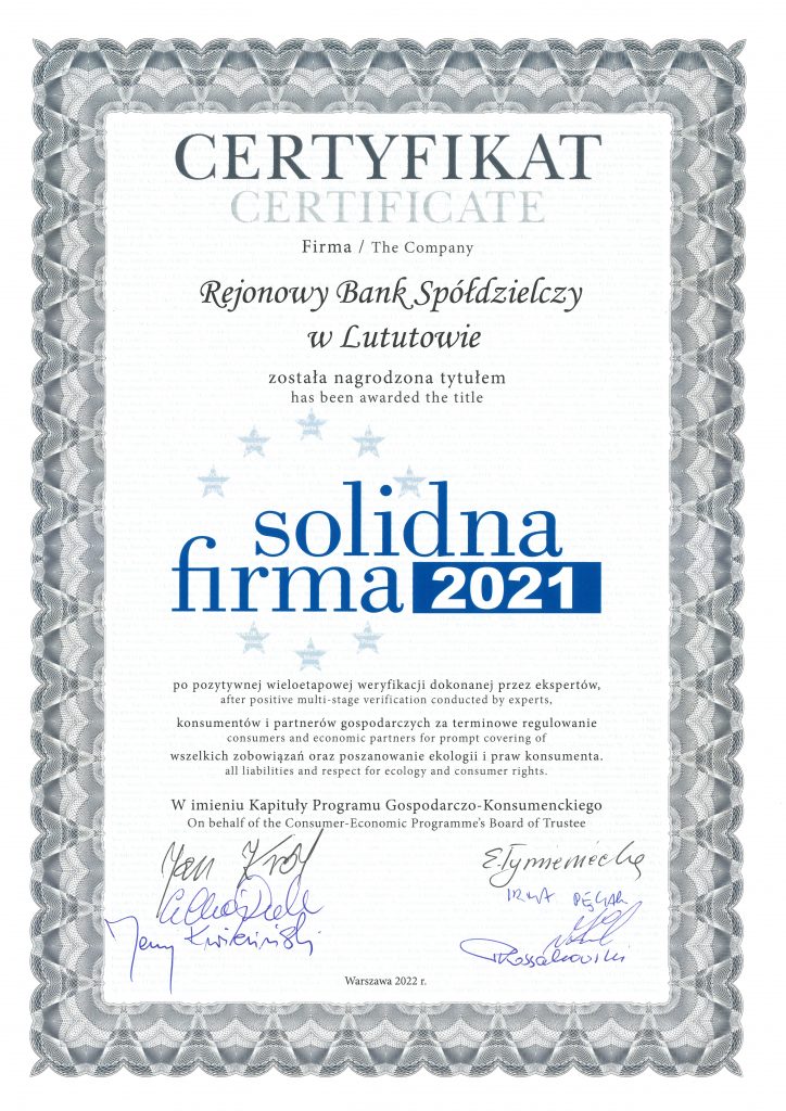 Certyfikat Solidna Firma 2021 - Rejonowy Bank Spółdzielczy W Lututowie